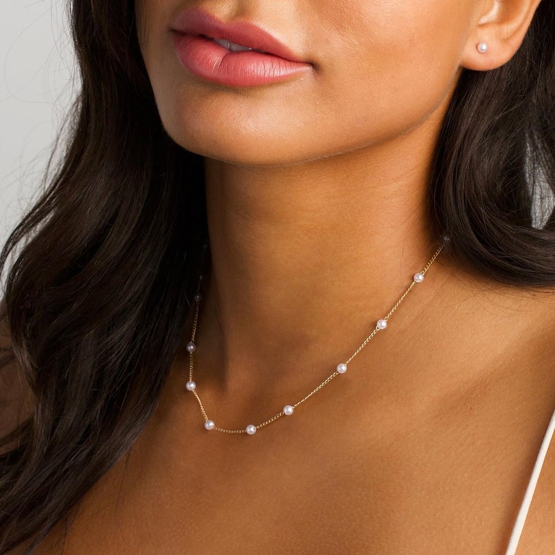 PRTGL Store Pearl Necklace: 14K Gold-Plated/White Gold-plated Pearl Necklace for Women 16.5” + 2” - Image 4